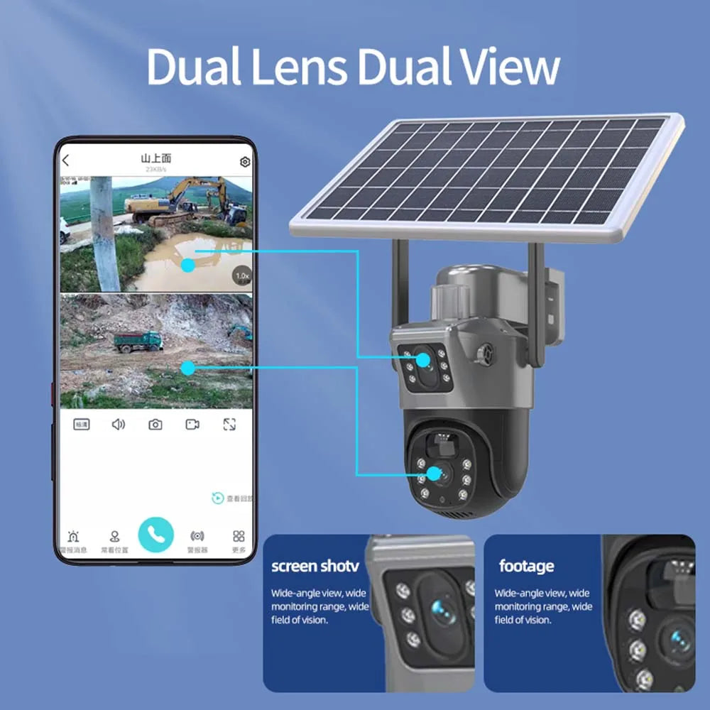 4K 8MP WiFi Solar Camera Outdoor Battery WiFi IP Cam Dual Lens Dual Screen Security-Protection Wireless Surveillance CCTV