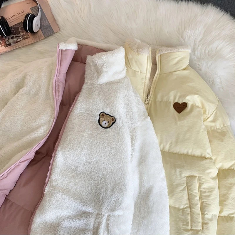 JMPRS Cute Embroidery Women Parkas Coat Winter Thick Hairy Korean Loose Warm Jacket Double Sided Design Pink Student Clothes