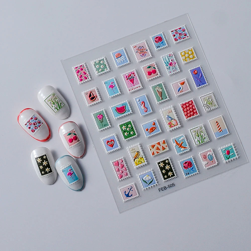 Post Stamp Design Nail Sticker Adhesive Sliders Textured Engraved Decoration Supplies FEB-505