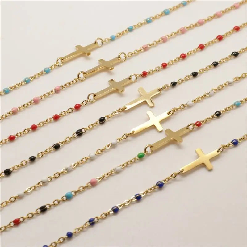 CSJA Fashion Thin Chain Stainless Steel Bracelet for Women Gold Color Cross Charm Enamel Bracelets Summer Jewelry Gift T100