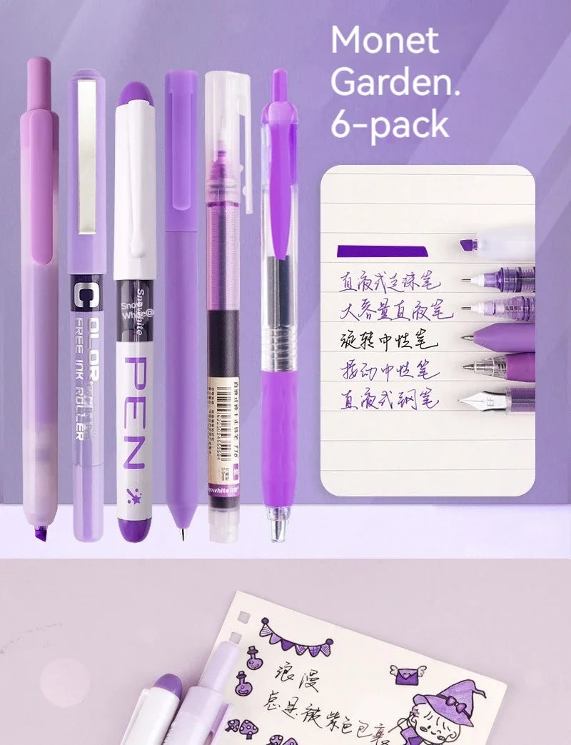 6pcs/set Roller Pen Purple / Pink / Green Color Ink Straight Liquid Gel Pen Ballpoint Pen for School Office Stationery Kawaii