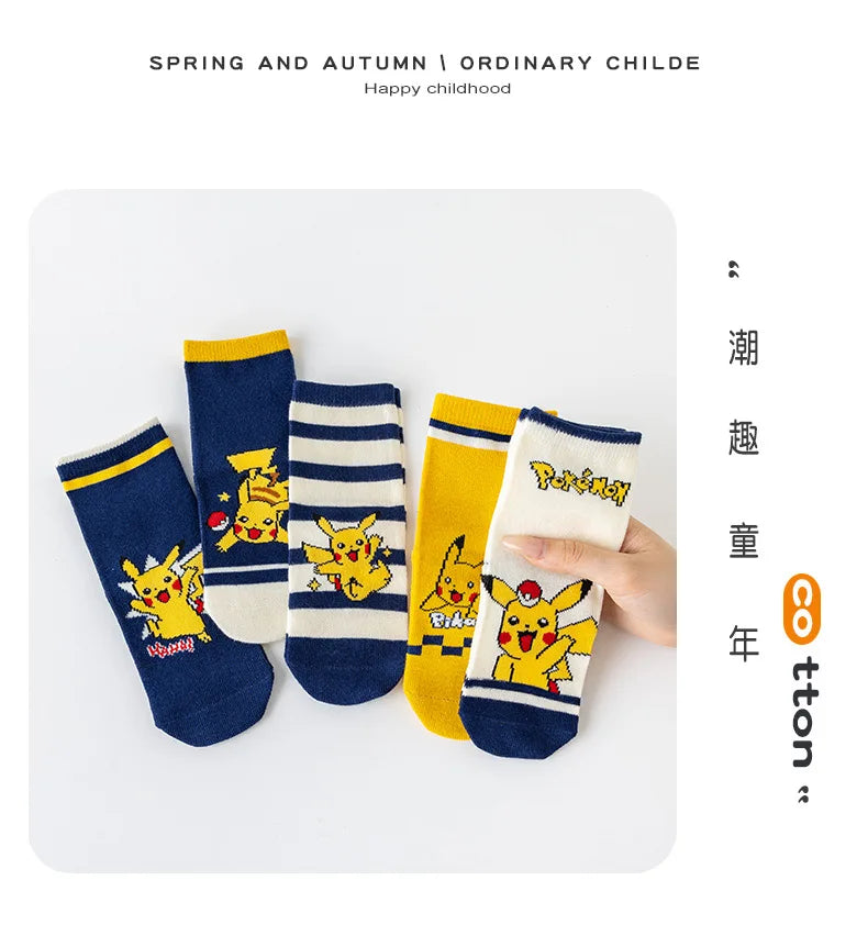 5 Pairs Pikachu Kids Socks Kawaii New Fall Winter Cartoon Boy Children Mid-calf Socks Cotton Sock for Boys Gifts