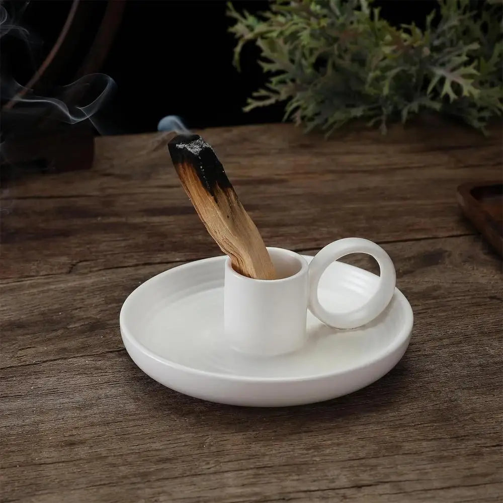 Palo Santo Sticks Holder Ceramic Sage Holder Ash Catcher Incense Burner Scent Wood Stand Burning Bowl with Handle for Palo Santo