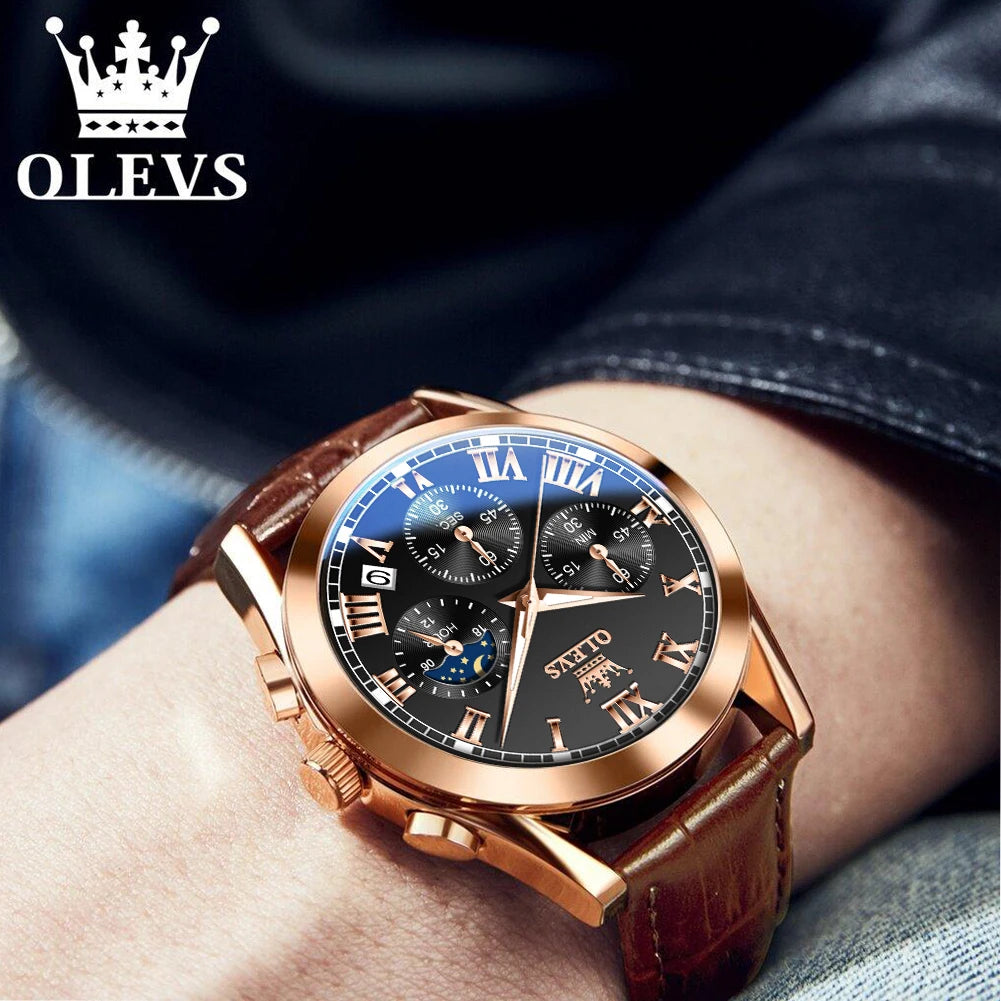 OLEVS Brand Men's Watches Chronograph Waterproof Calendar Quartz Male Watch Sports Leather strap Stainless steel Luxury Original
