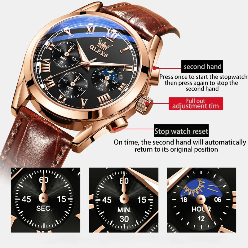 OLEVS Brand Men's Watches Chronograph Waterproof Calendar Quartz Male Watch Sports Leather strap Stainless steel Luxury Original