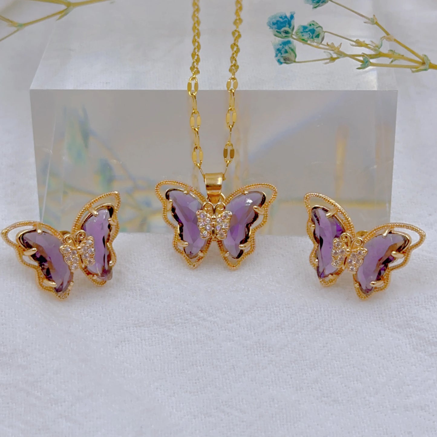 Fashion European and American Cute Micro-inlaid Butterfly Necklace Earrings Set Classic Light Luxury Transparent Stainless Steel