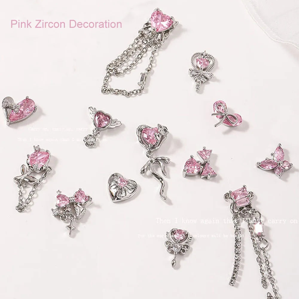 5 Pcs Zircon Pink Nail Charms Wholesale Luxury Diamond Inlaid 3D Bow Heart Butterfly Nail Charms Chain Manicure Accessories