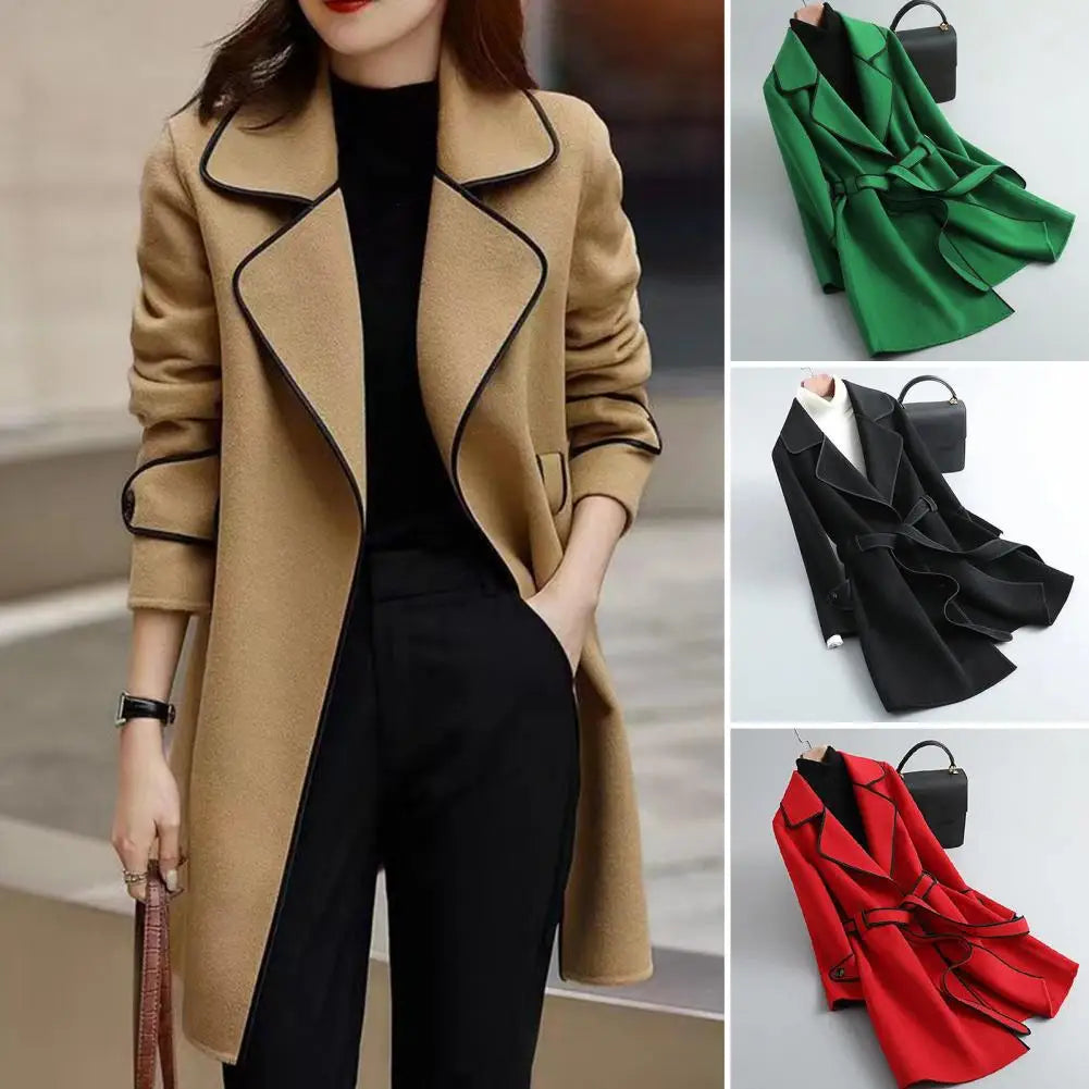 Stylish Women Outerwear Elegant Long Sleeves Autumn Winter Slim Fit Open Stitch Woolen Coat Ladies Jacket Streetwear