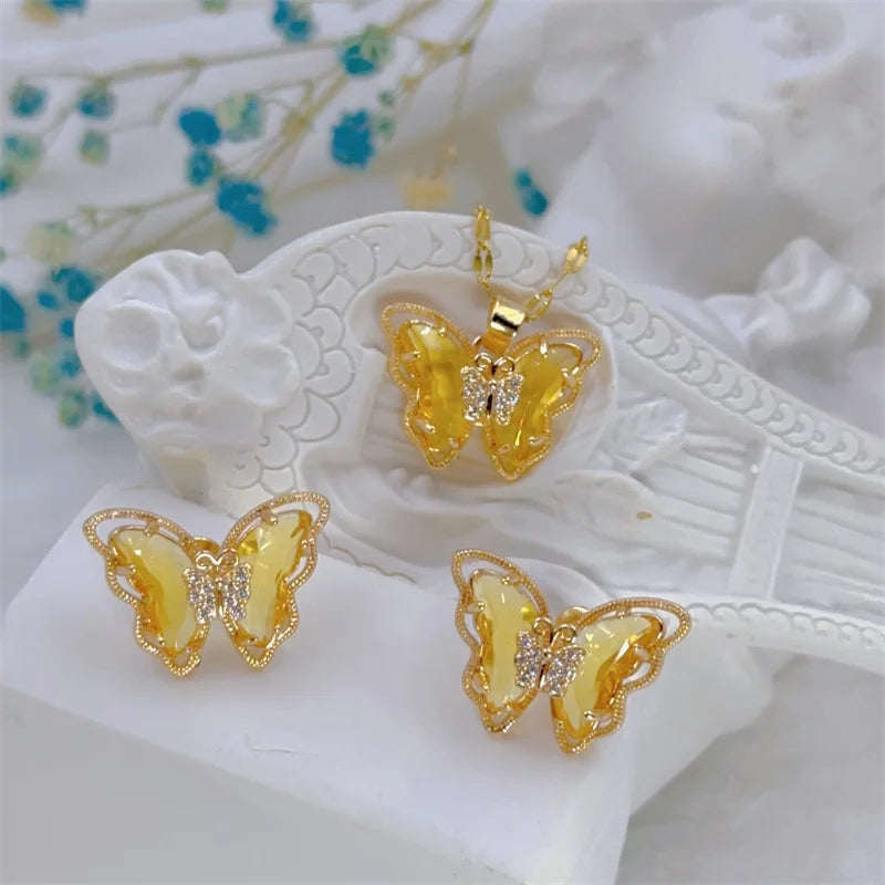 Fashion European and American Cute Micro-inlaid Butterfly Necklace Earrings Set Classic Light Luxury Transparent Stainless Steel