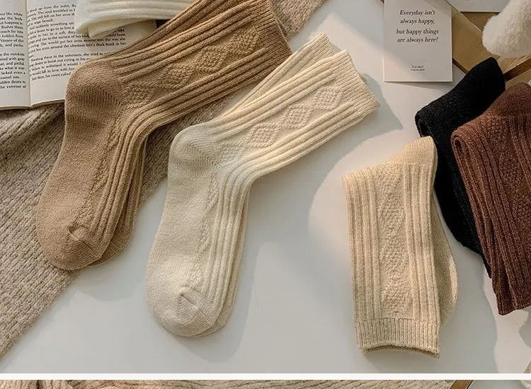 Autumn and Winter Diamond Check Wool Socks Coffee Color with Solid Color Women's Socks in The Tube Women's Warm Cotton Socks