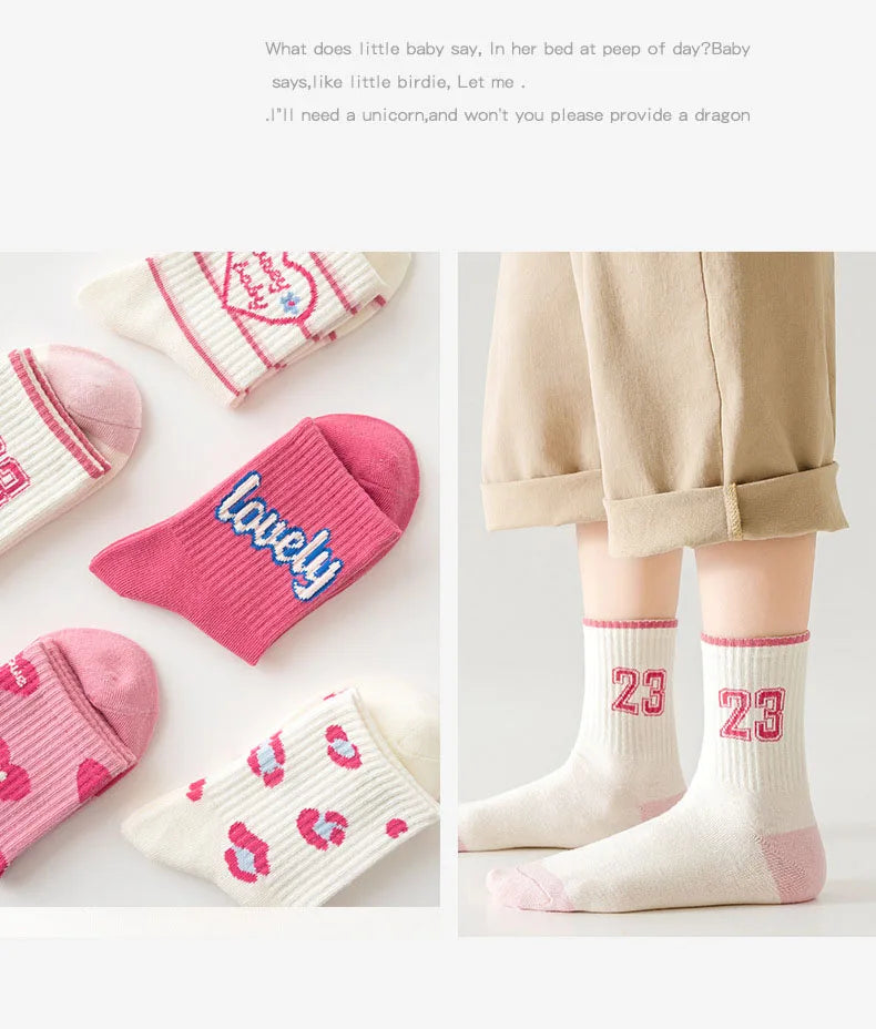 5 Pairs Children's Socks Girls Boys Trendy Pattern Sport Sock Autumn Kids Mid-calf Socks Cotton Socks