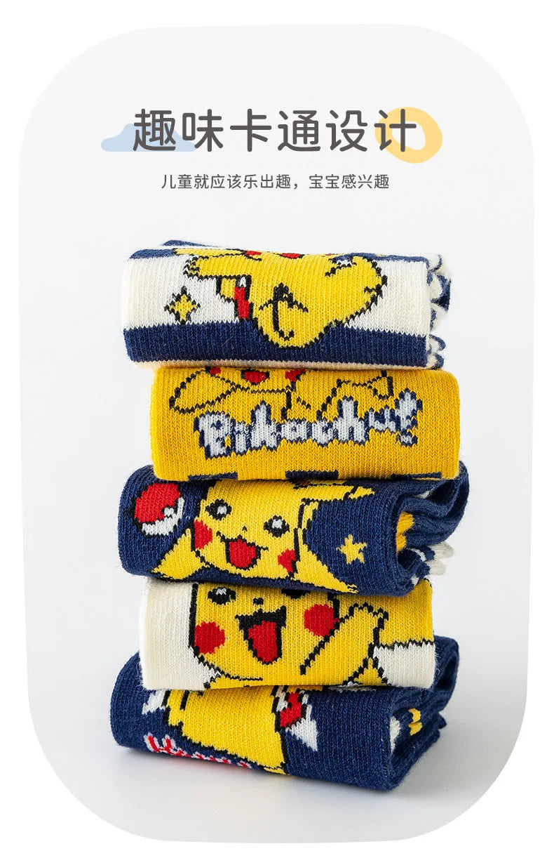 5 Pairs Pikachu Kids Socks Kawaii New Fall Winter Cartoon Boy Children Mid-calf Socks Cotton Sock for Boys Gifts