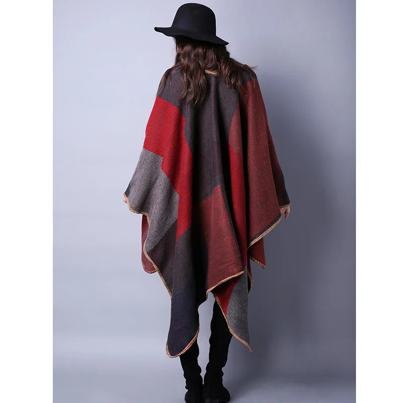 Thicken Winter Shawl Wraps Cape Women Fall Ponchos Plus Size Block Plaid Open Front Sweater Fleece Scarf Coat Holiday Outfits