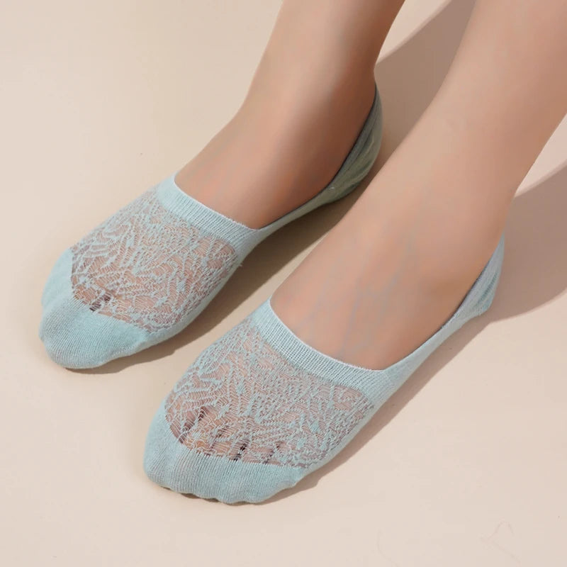 5 Pairs Women Cotton Low Cut Socks Solid Snowflake Softable Summer Silicone Non-slip Deep Mouth Prevent Heel Loss Slipper Socks