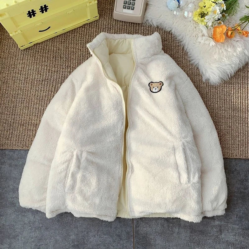 JMPRS Cute Embroidery Women Parkas Coat Winter Thick Hairy Korean Loose Warm Jacket Double Sided Design Pink Student Clothes