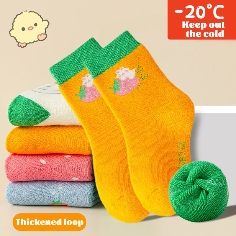 5Pairs 1-16Years Terry Socks for Children soft Breathable Thickened Fabric High Elasticity Strawberry Duck Socks and Baby Heater