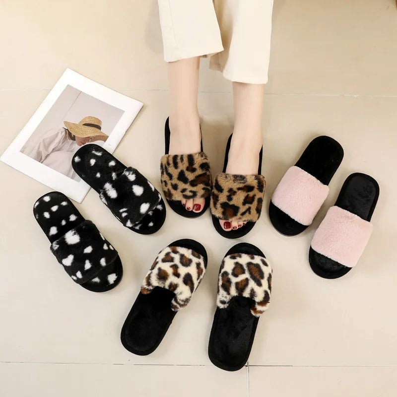 Hot Sale Leopard Living Room Shoes Women's Fur Flip Flops Home Plush Slippers Fashion Autumn Winter Indoor Warm EVA Anti Slip