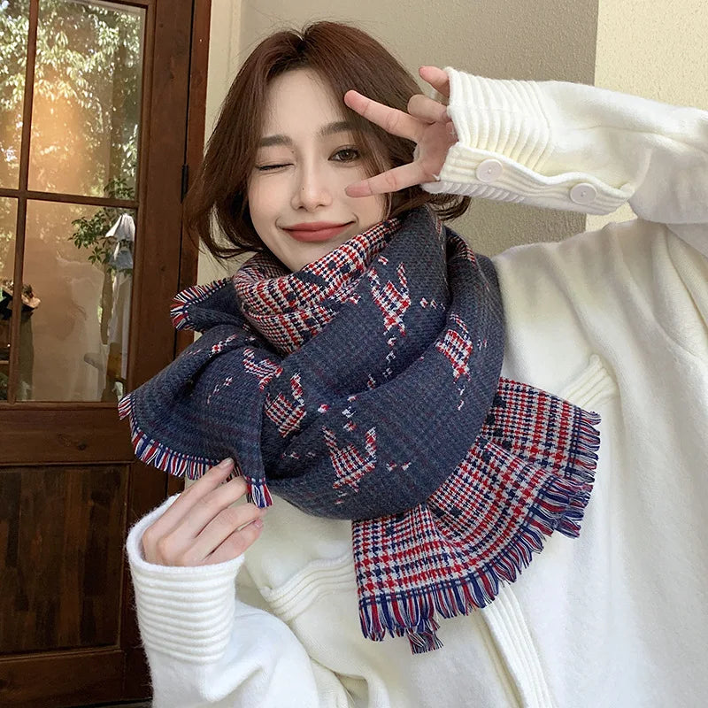 Fashion Brand Cashmere Scarf Women Winter Autumn Houndstooth Plaid Long Pashmina Cold Day Double-sided Tassel Thick Shawl Ladies