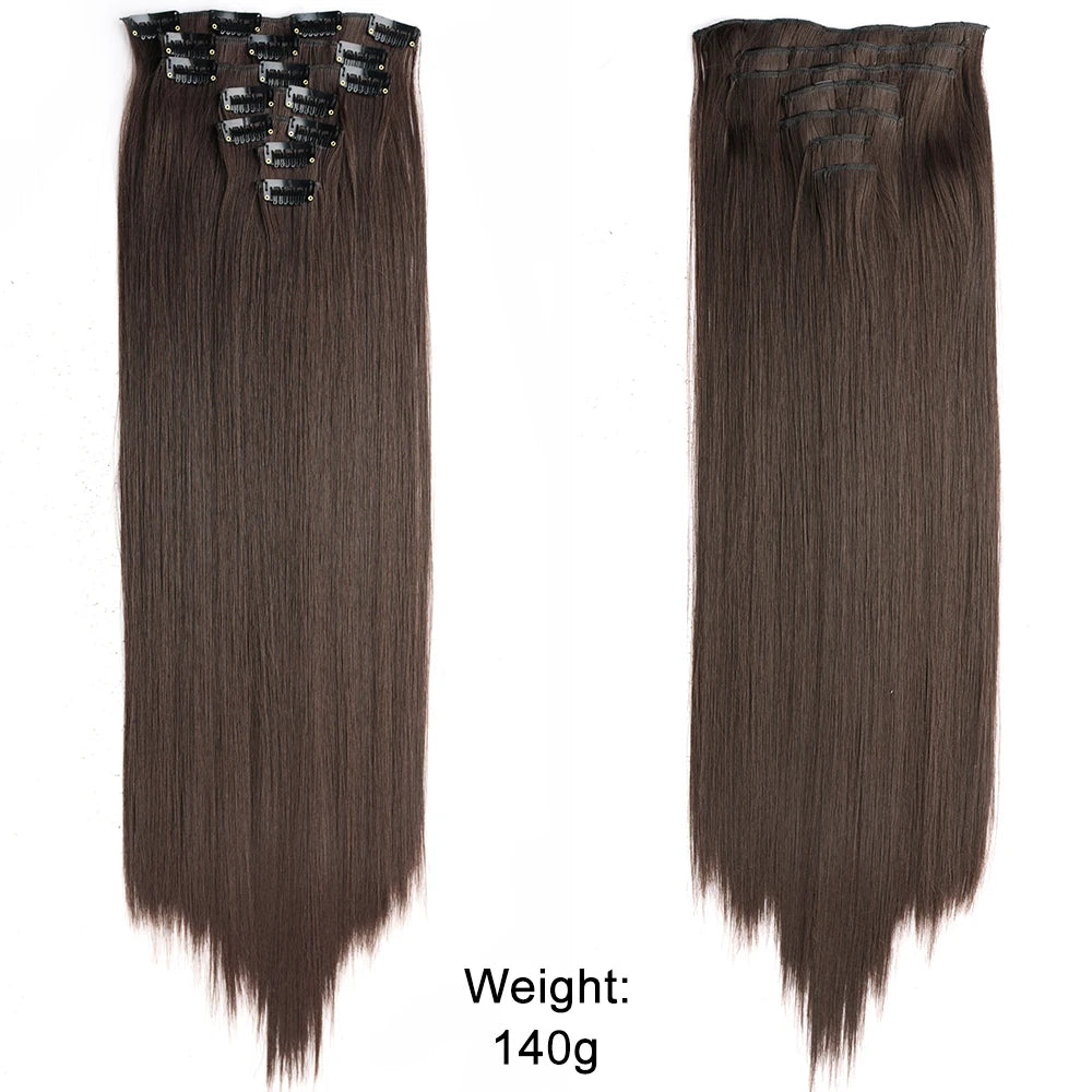 Long Straight Hairstyle 16 Clips 7Pcs/Set Hair Extensions Natural Synthetic Blonde Black Hairpieces Heat Resistant For Women