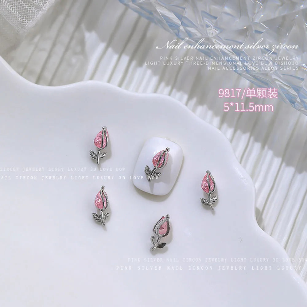 5 Pcs Zircon Pink Nail Charms Wholesale Luxury Diamond Inlaid 3D Bow Heart Butterfly Nail Charms Chain Manicure Accessories