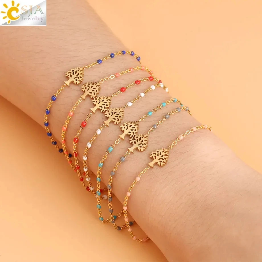 CSJA Fashion Thin Chain Stainless Steel Bracelet for Women Gold Color Cross Charm Enamel Bracelets Summer Jewelry Gift T100