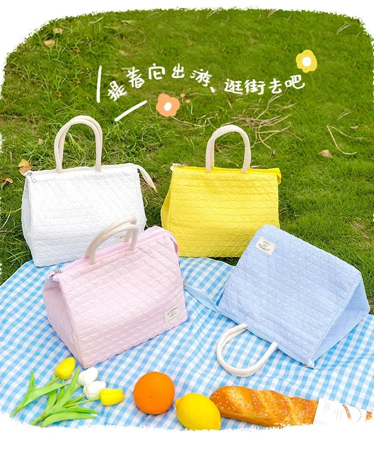 Solid Colour Women Waterproof Tote Bag Insulation Food Bag for Office Lunch Box Bag New Fashionable Simple Large Capacity