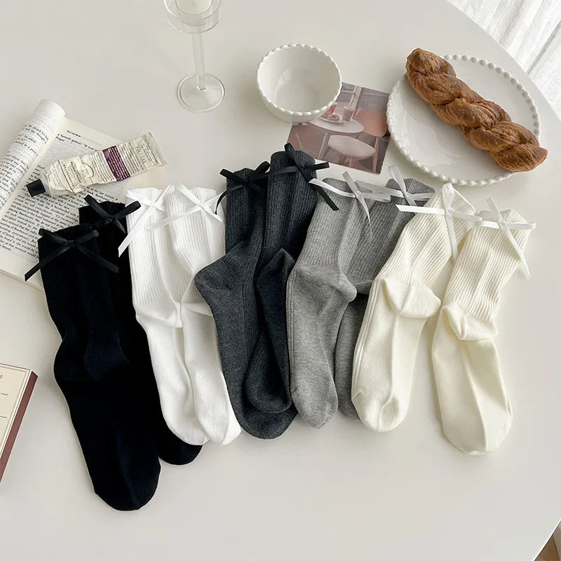 Japanese JK Sweet Bowknot Tied Middle Tube Socks Women Heel Bow Socks Casual Black White Pile Socks Girls Sports Cotton Socks