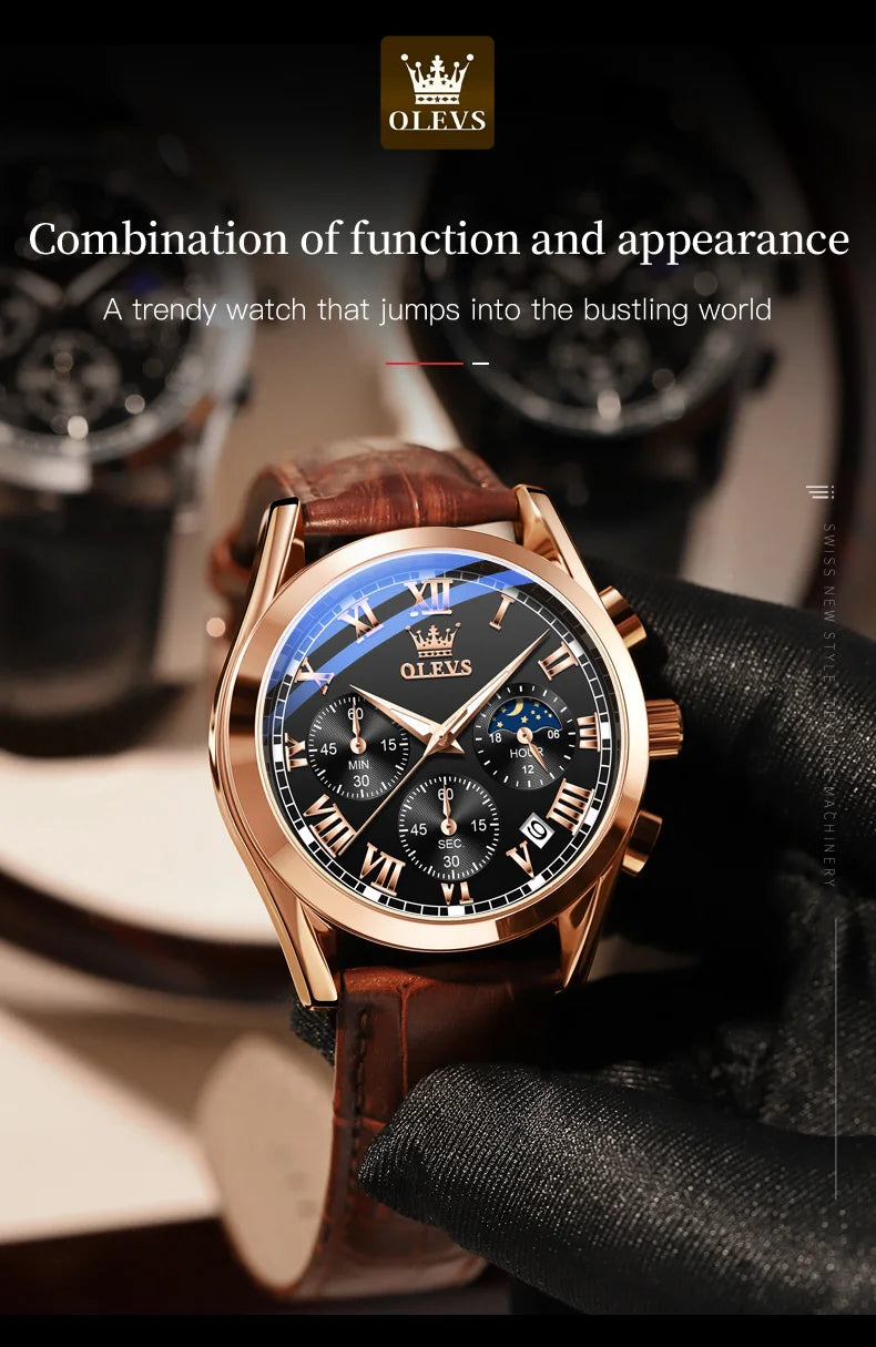 OLEVS Brand Men's Watches Chronograph Waterproof Calendar Quartz Male Watch Sports Leather strap Stainless steel Luxury Original