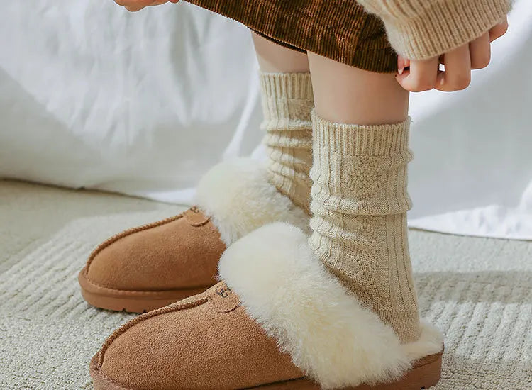 Autumn and Winter Diamond Check Wool Socks Coffee Color with Solid Color Women's Socks in The Tube Women's Warm Cotton Socks