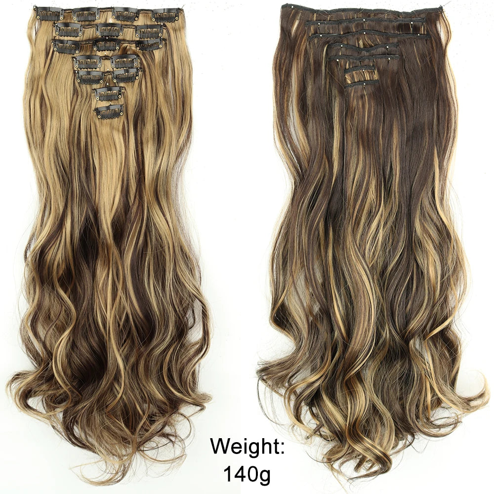 Long Straight Hairstyle 16 Clips 7Pcs/Set Hair Extensions Natural Synthetic Blonde Black Hairpieces Heat Resistant For Women