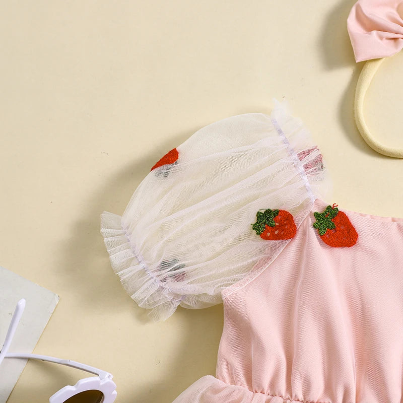 Kids Girls 2-piece Outfit Puff Sleeve Embroidery Strawberry Tulle A-line Dress with Headband Summer Children Dress Outfits