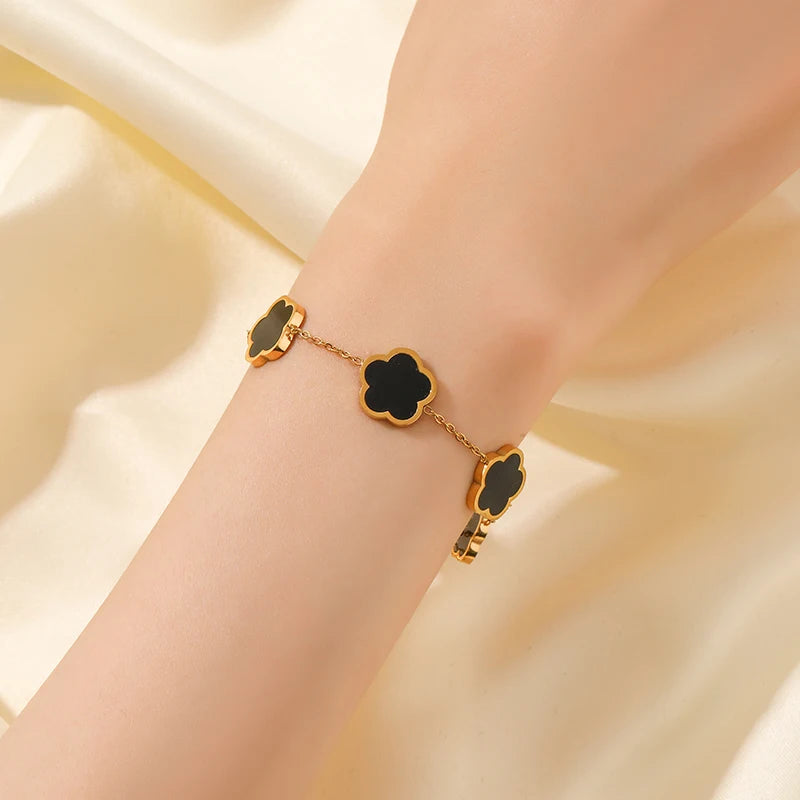 GANEMLY 316L Stainless Steel Black Five Leaf Clover Bracelets For Women New Trendy Waterproof Wrist Chain Jewelry Girls Gift