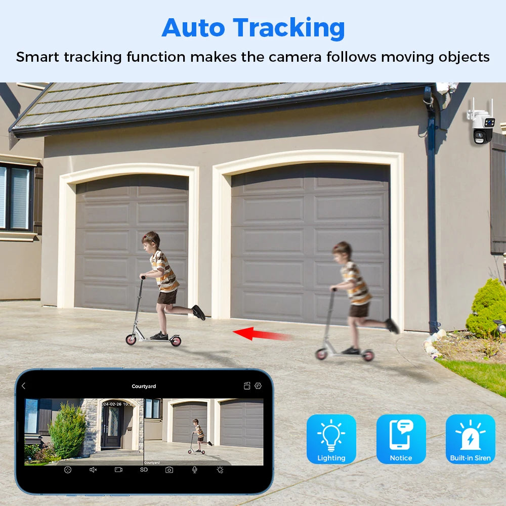 Hiseeu Wifi Surveillance Camera, Dual Lens, 4X Digital Zoom, AI Human Detect, ONVIF, Outdoor Security PTZ IP Cameras, 4K, 8MP