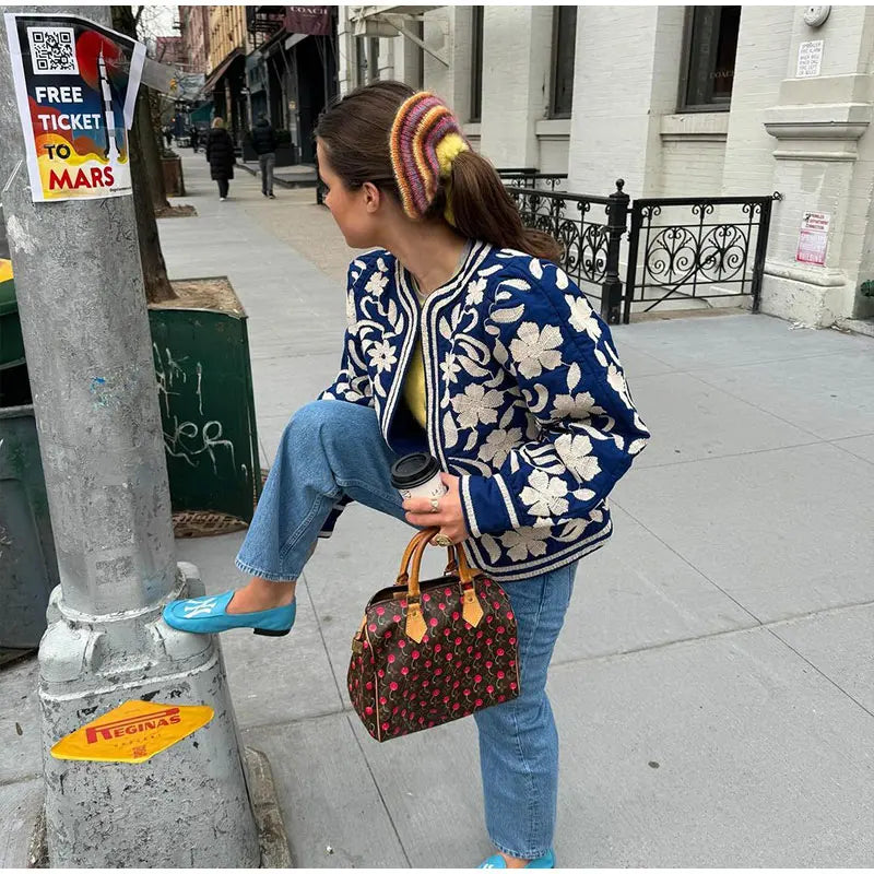 Chic Floral Print O-neck Cardigan Jacket For Women Vintage Long Sleeve Casual Thin Cropped Coat New Fall Lady Fashion Outerwear