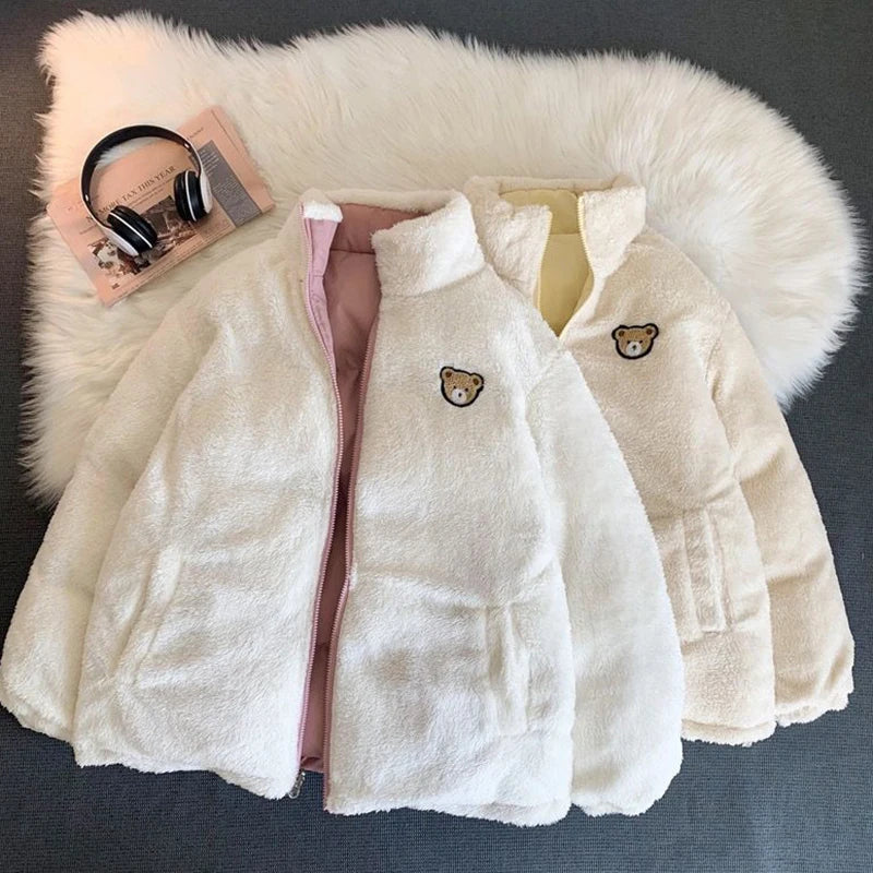 JMPRS Cute Embroidery Women Parkas Coat Winter Thick Hairy Korean Loose Warm Jacket Double Sided Design Pink Student Clothes