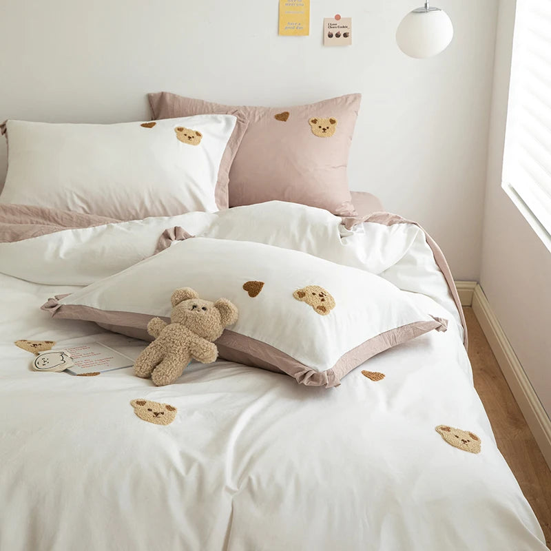 3PCS Baby Boys Bedding Set Bear Embroidered Cot Crib Bedding Set Cotton Korean Baby Bedding Duvet Cover+ Sheet+Pillowcase