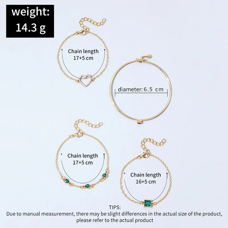 4Pcs Set Fashion Square Emerald Heart Bracelets for Women Charm Zircon Gold Color Bangles Wedding Bride Jewelry Accessories Gift