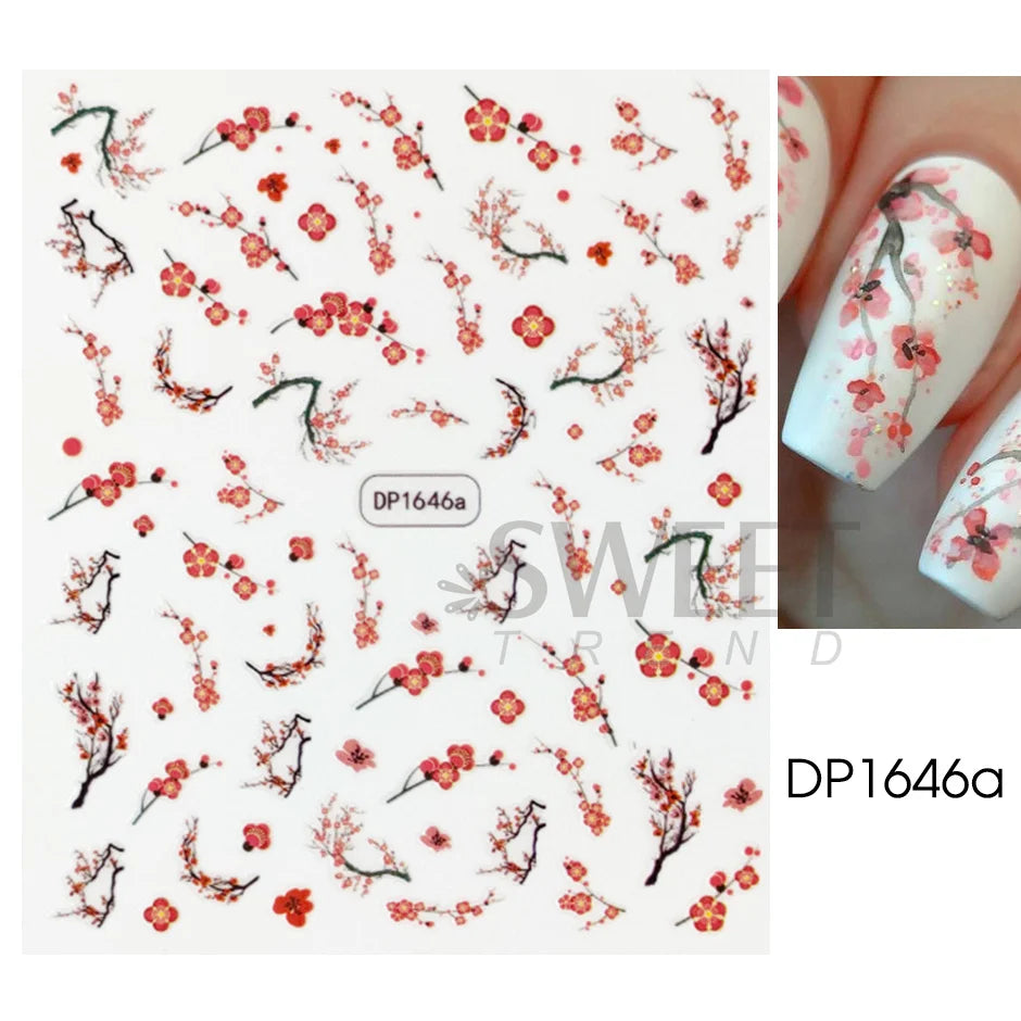 5D Pink Cherry Blossoms Sakura Nails Sticker Flower Vine Spring Nail Art Design Adhesive Sliders Elegant Manicure Decor Decals