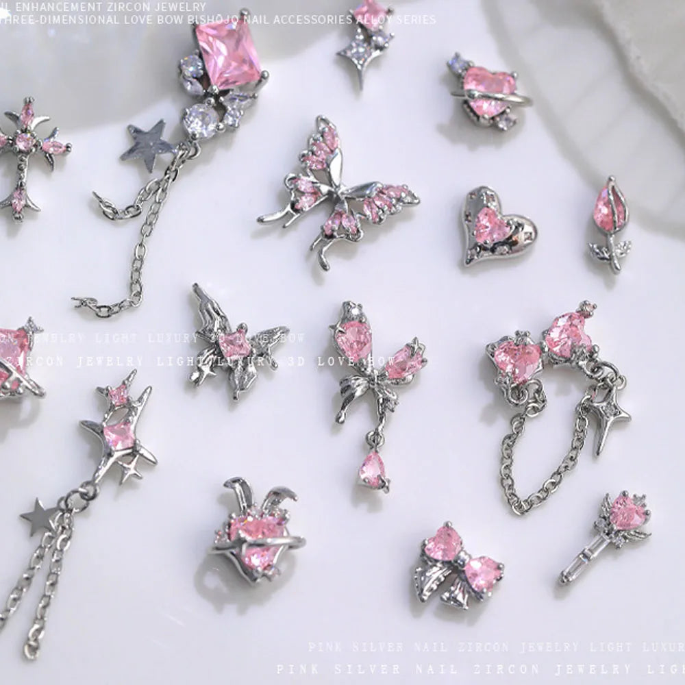 5 Pcs Zircon Pink Nail Charms Wholesale Luxury Diamond Inlaid 3D Bow Heart Butterfly Nail Charms Chain Manicure Accessories