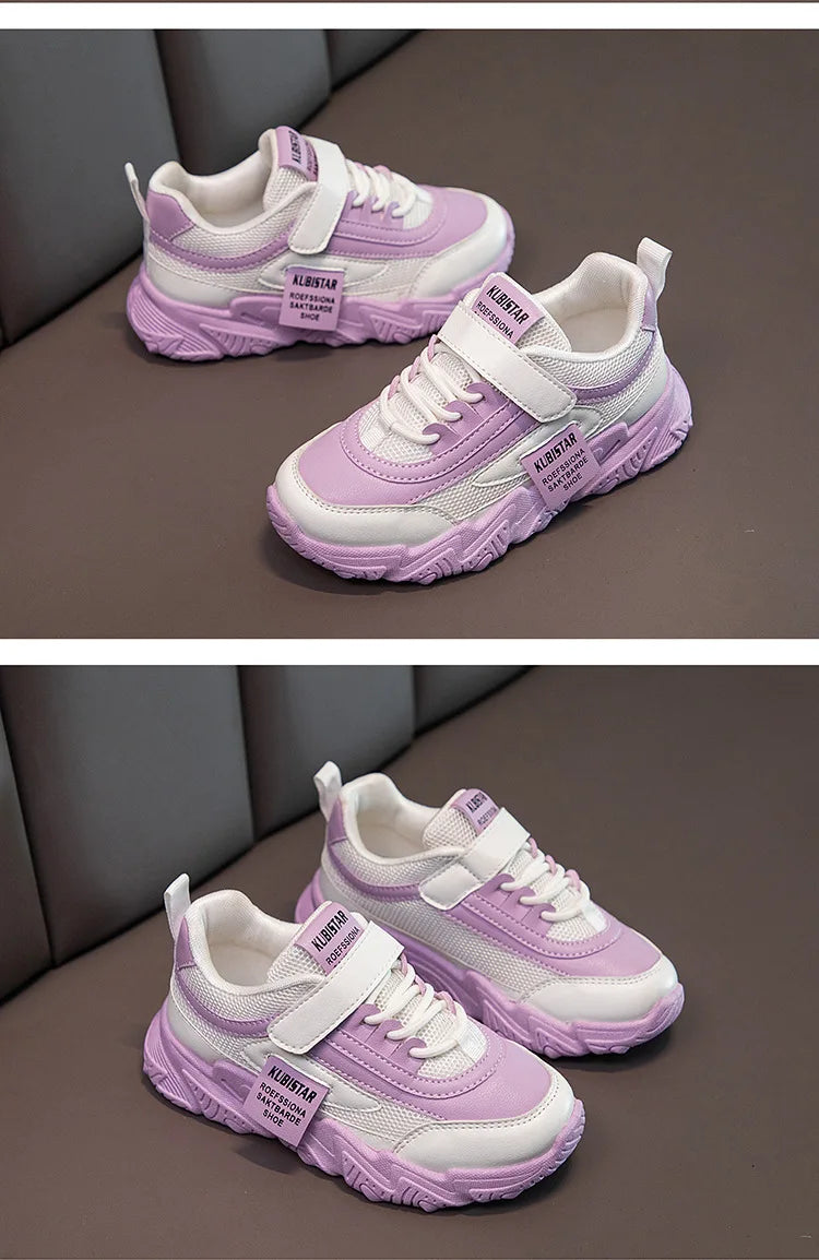 Spring New Kids Sneakers 2023 PU Girls Casual Mesh Solid Pink Light Boys White Hook & Loop Children Non-slip Sports Shoe Fashion