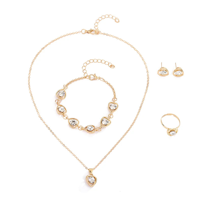 5PCS Set Gold-Color Heart Shaped Jewelry Sets Of Ring Earrings Necklace For Women Elegance Rhinestone Double Heart Jewelry