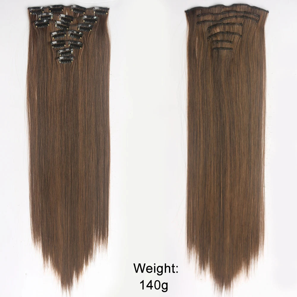 Long Straight Hairstyle 16 Clips 7Pcs/Set Hair Extensions Natural Synthetic Blonde Black Hairpieces Heat Resistant For Women