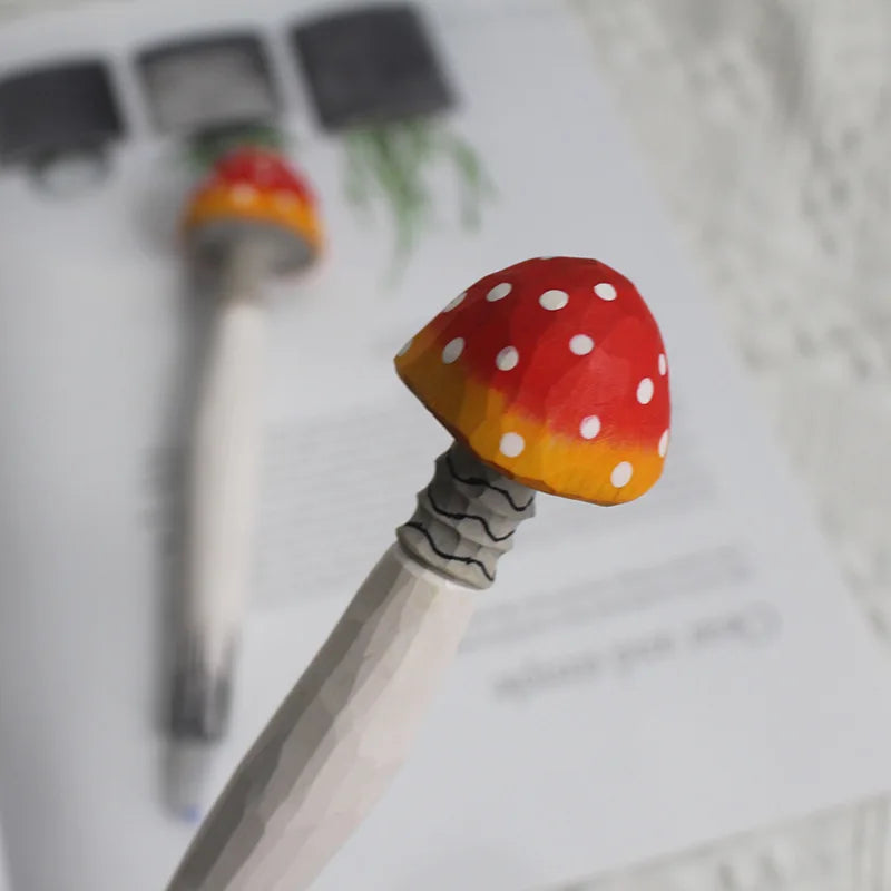 Hand-carved Wooden Mushroom Gel Pen Wood Neutral Pens Cute Writing Tools For Kids Gift School Supplies Stationery 0.5 Black Ink