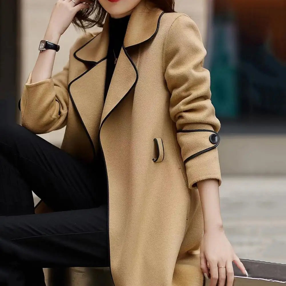 Stylish Women Outerwear Elegant Long Sleeves Autumn Winter Slim Fit Open Stitch Woolen Coat Ladies Jacket Streetwear