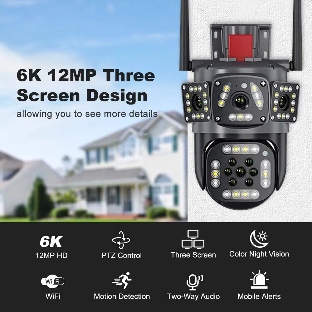 6K 12MP WiFi Surveillance Camera Outdoor Three Lens Three Screen CCTV Waterproof PTZ Mini Street Camera 360° Security Camera