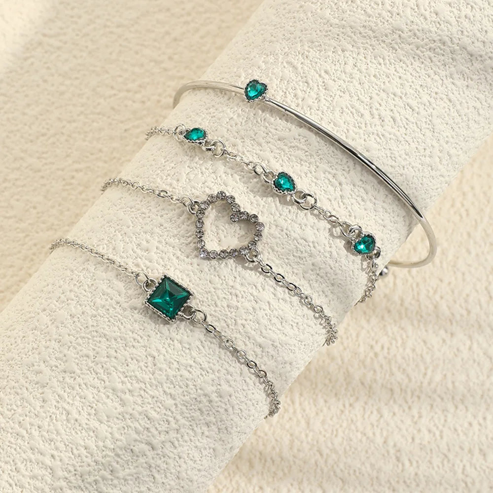 4Pcs Set Fashion Square Emerald Heart Bracelets for Women Charm Zircon Gold Color Bangles Wedding Bride Jewelry Accessories Gift