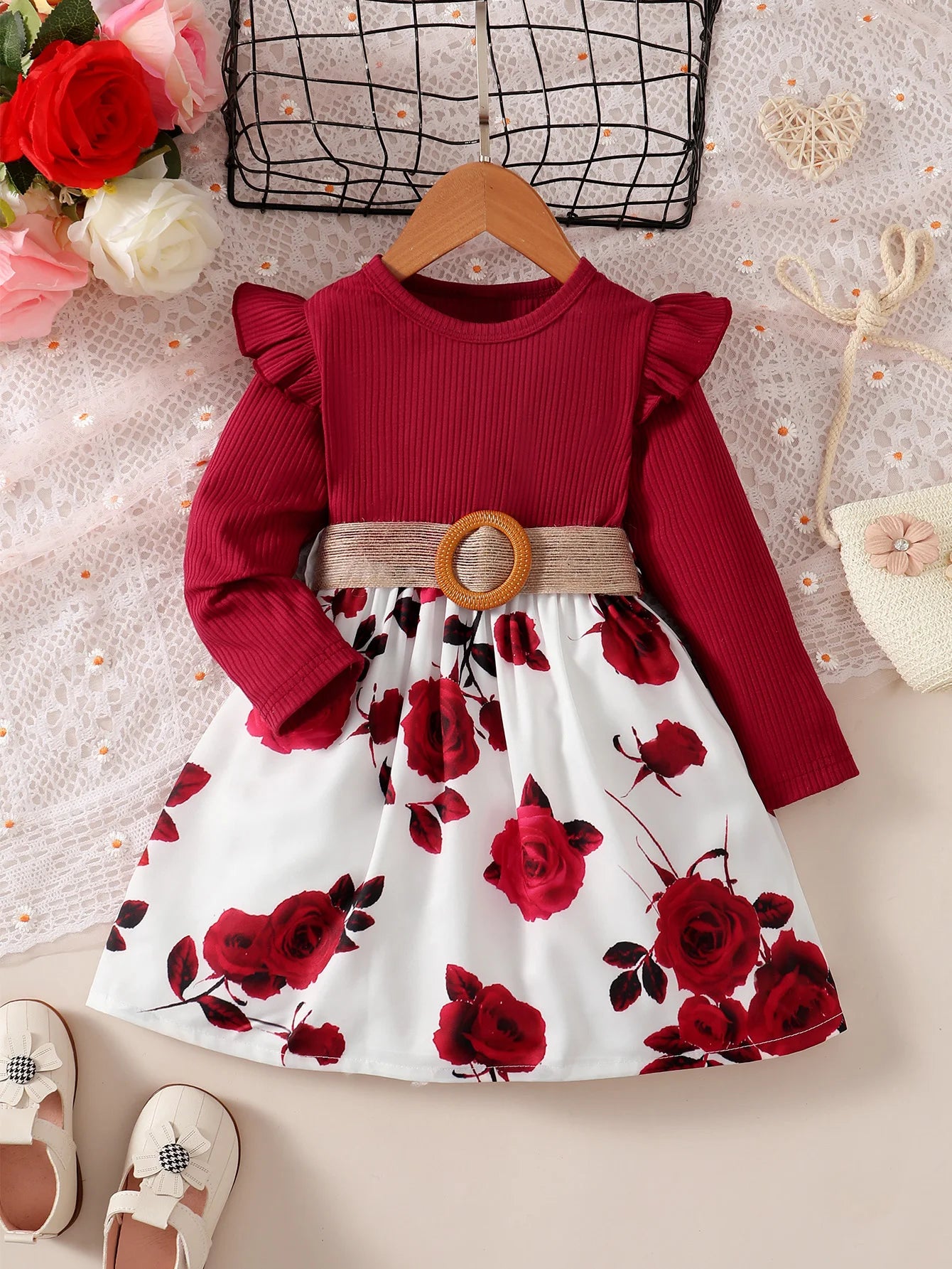 Girls Floral Print Ruffle Long Sleeve A Line Tie Dress Casual Dress Plus Belt