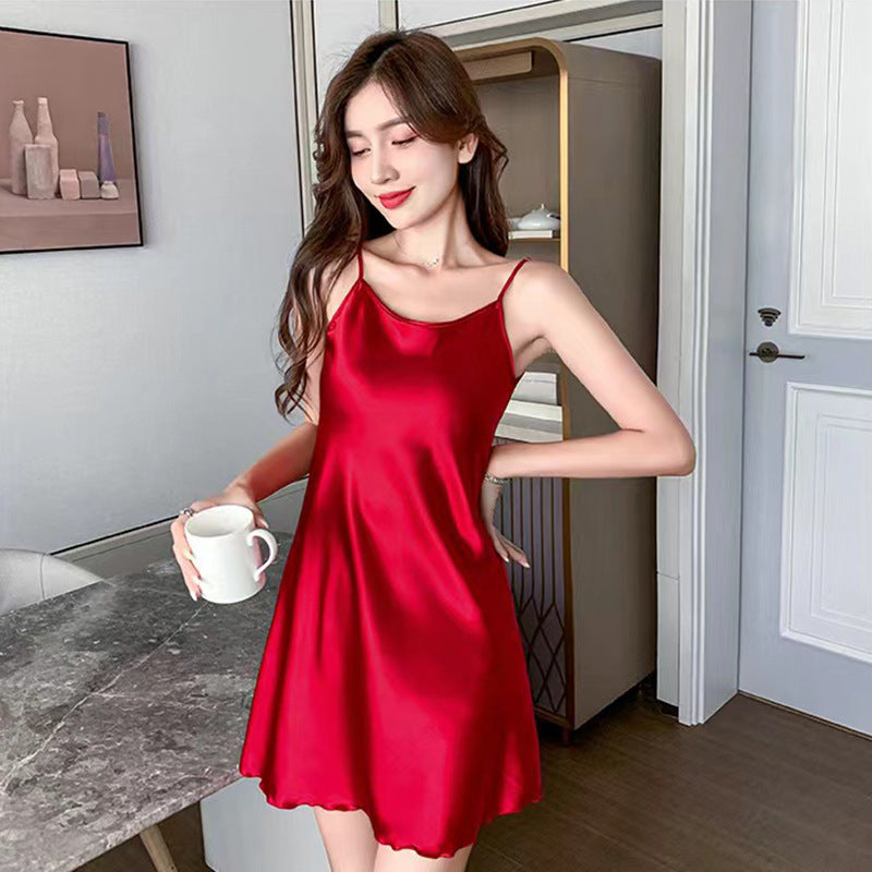 Ice Silk Sexy Women's Satin Nightdress Sexy Lotus Hem Sling Dress Chemise Soft Nightgown Women Lingerie Night Wear Summer Dress