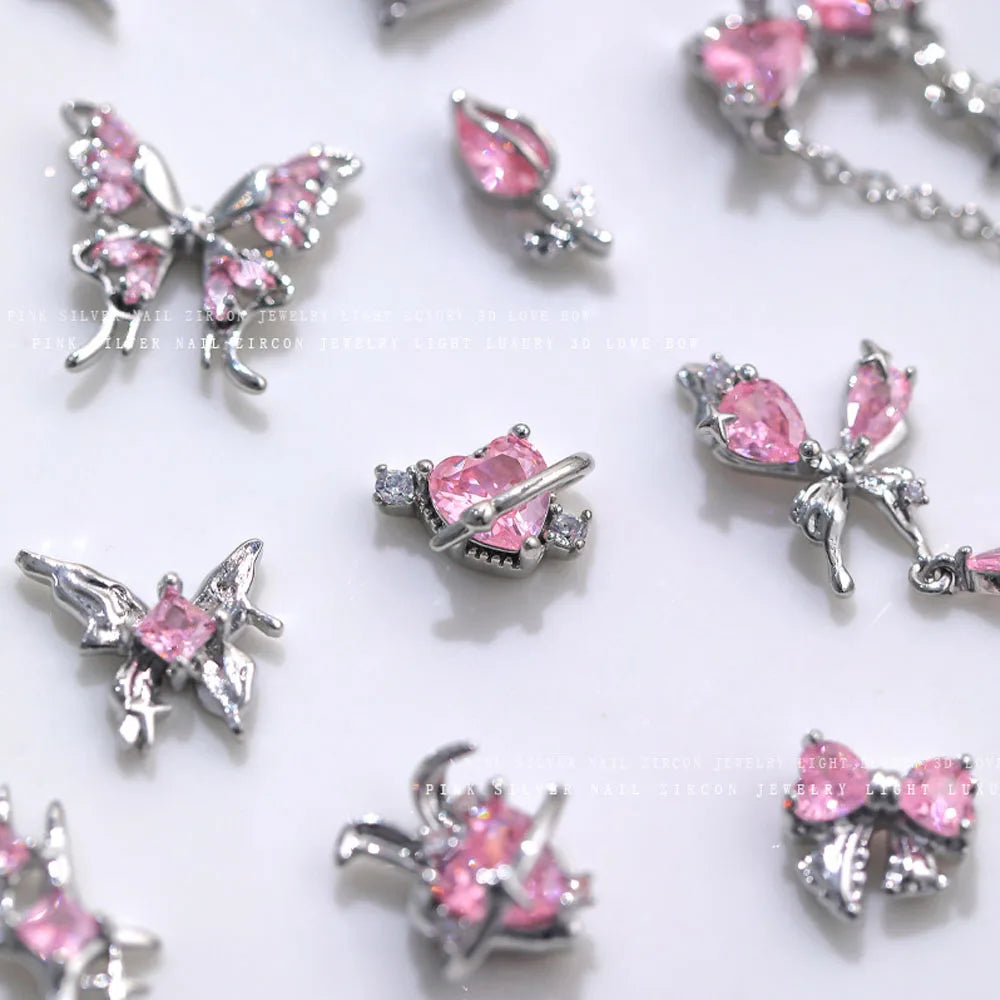 5 Pcs Zircon Pink Nail Charms Wholesale Luxury Diamond Inlaid 3D Bow Heart Butterfly Nail Charms Chain Manicure Accessories