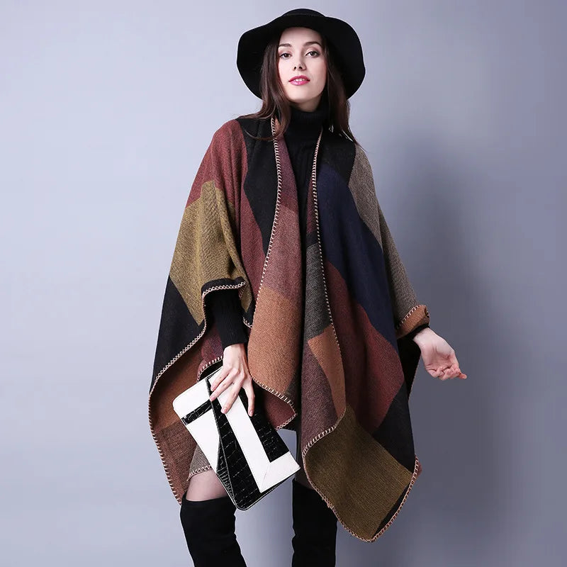 Thicken Winter Shawl Wraps Cape Women Fall Ponchos Plus Size Block Plaid Open Front Sweater Fleece Scarf Coat Holiday Outfits